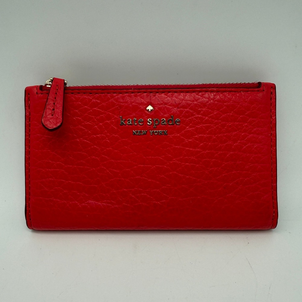 Kate Spade Bifold Wallet Womens Red Pebbled Leather Slim Zip Card Case